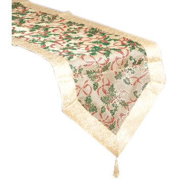 Christmas Sheer Table Runner with Gold Satin Border and Tassels, 16"x108"