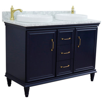 49" Double Vanity, Blue Finish With White Carrara And Round Sink