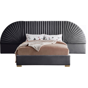 Cleo Velvet Upholstered Bed With Custom Gold Steel Legs, Gray, King