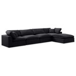 Meridian Furniture - Comfy Upholstered L-Shaped Modular Sectional, Black, 5-Piece: 2 Armless Chair, 2 Corner Chair, 1 Ottoman, Velvet - Give your space a whole new look with this black Comfy velvet sectional. This handsome sectional fits nicely with other items in the Comfy collection and is a versatile seating option designed for adaptability, comfort and style. Wrapped in rich black durable velvet upholstery, this sectional offers a plush embrace of overstuffed down feather cushions, carefully crafted to deliver the highest level of comfort. The perfect seat for creating an oasis for relaxation, this sectional has thick foam surrounding its frame for added support and coziness.