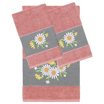 Linum Home Textiles Turkish Cotton Daisy 3-Piece Embellished Towel Set, Tea Rose