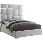 Meridian Furniture - Milan Faux Leather Bed, White, King - Make this Milan white vegan leather king bed the center showpiece in your bedroom makeover. This elegant bed has a bold look with its super-tall headboard that's divided up into subway blocks for a slightly industrial feel. Chromed metal against the soft and durable white vegan leather adds a stunning feel to this bed. Additional leather wraps its way all around the sides of the bed for a finished and tailored presentation that turns heads and makes your bed the star of the show.
