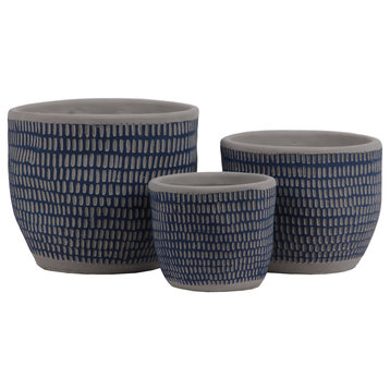 3-Piece Decorative Pot Set With Banded Rim, Engrave Lattice Oblong