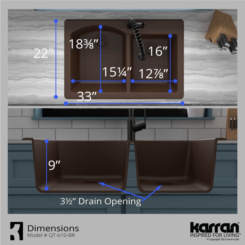 Karran Drop-In Quartz 33" 1-Hole 60/40 Double Bowl Kitchen Sink, Brown
