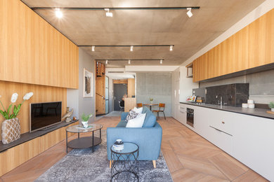 Diseño de salón para visitas abierto industrial pequeño con paredes grises, suelo de madera clara, televisor independiente y suelo marrón