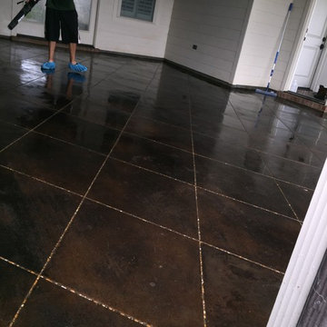 Diamond tile scored concrete patio / acid stained
