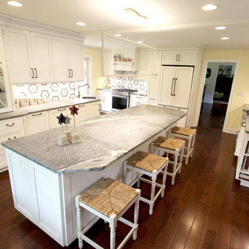 White Cabinets, Grey Countertops and Edgy Tile Backsplash