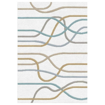 Grey/Blue/White Modern Hand-Knotted Indian Square Area Rug, White, 4'6"x6'6"