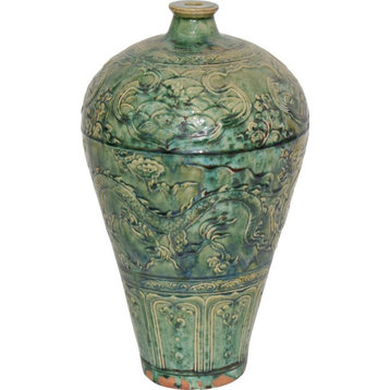 Vase Dragon Speckled Green Colors May Vary Variable Ceramic Carved