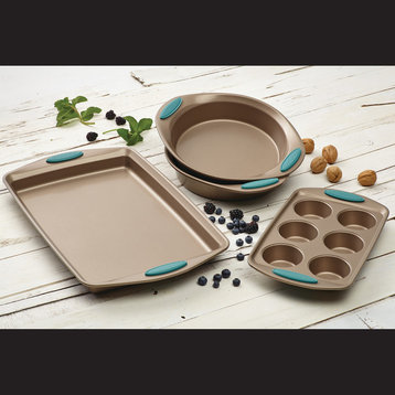 Cucina Nonstick Bakeware 4-Piece Set, Latte Brown, Agave Blue Handle Grips