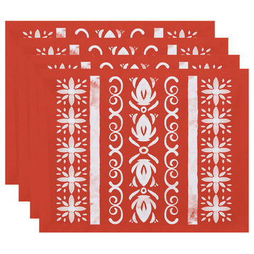 18"x14" Cuban Tile 2, Geometric Print Placemats, Set of 4, Red Orange
