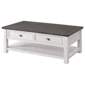 Rustic Coffee Table, Plank Top With Drawers & Lower Shelf, White/Gray