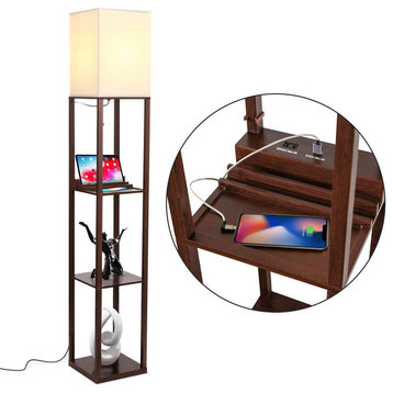 Brightech Maxwell Charger - Shelf Floor Lamp with USB Charging and Outlet LED, Brown