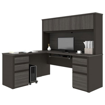 Bestar Prestige Plus 6 Piece L Shaped Computer Desk with Hutch in Bark Gray