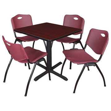 Cain 30" Square Breakroom Table, Mahogany and 4 'M' Stack Chairs, Burgundy