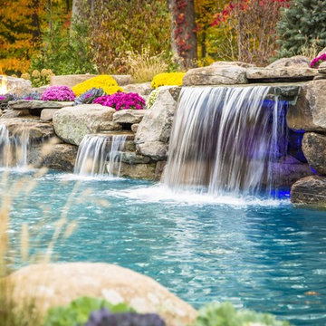 Freeform swimming pool with a raised spa and grotto, Mahwah, NJ