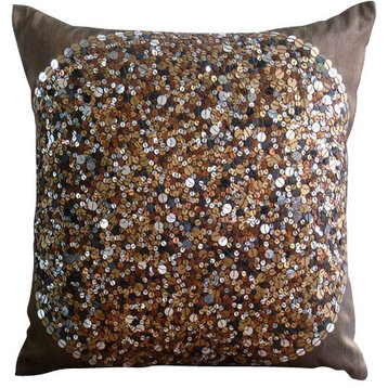Brown Art Silk 14"x14" Sequins Throw Pillows Cover, Brown Eye Sparkle