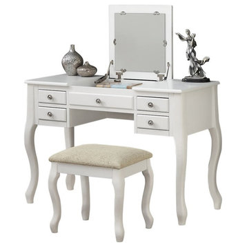 Poundex Furniture Wood Vanity Set with Stool and Mirror in White