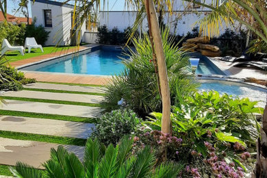 Modelo de jardín exótico grande en patio trasero con exposición total al sol y adoquines de piedra natural