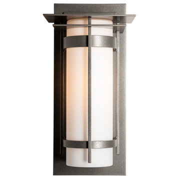 Banded with Top Plate Outdoor Sconce, Coastal Natural Iron Finish, Opal Glass