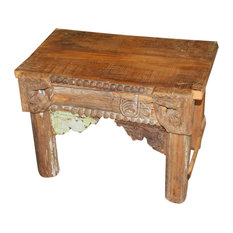 Consigned Antique Rectangle Side Table Hand Carved Solid Wood Coffee Table