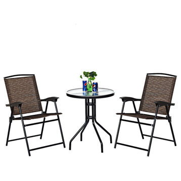 Costway 3PC Bistro Garden Furniture Set 2 Folding Chairs Glass Table Top Steel