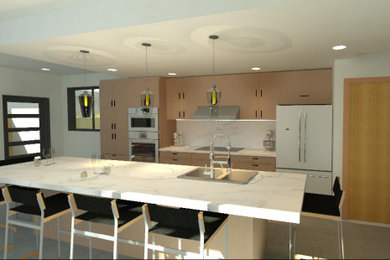 Mid-sized trendy galley concrete floor open concept kitchen photo in Los Angeles with flat-panel cabinets, light wood cabinets, quartzite countertops, stainless steel appliances, an island and white countertops