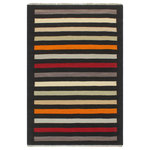 Bareens Designer Rugs - Contemporary Turkish Kilim Lucas Hand-Woven Wool Rug - 3'0'' x 4'11'' - Elevate the elegance of your home with this stunning hand-woven tribal Kilim wool rug. Meticulously crafted on a loom by the Nomad Turkman people using hand-spun wool and 100% natural vegetable dyes, these rugs are recognized for their repetitive geometric patterns, incorporating naturalistic floral and traditional designs. The contemporary fashion palette results in bold, sharp patterns that are incredibly versatile, as the pattern is the same on both sides. These reversible rugs feature a lighter shade on one side and brighter colors on the other, providing versatility according to preference. These unique rugs are made by knotting short strands of different colors onto the warps and securing them by tightly pressing the wefts. The designs are created by interweaving the various colored wefts and warps. Kilims are known for their exceptional durability and versatility, making them truly unique rugs.  Product Details    Rug Size: 3'0'' x 4'11''  Material: 100% Wool  Style: Kilim, Flat Weave, Dhurrie, Turkish, Southwestern, Rustic, Tribal  Colors: Black, Red  Weave Type: Hand-Woven, Handmade  Pile Height: Less than 0.25 inch