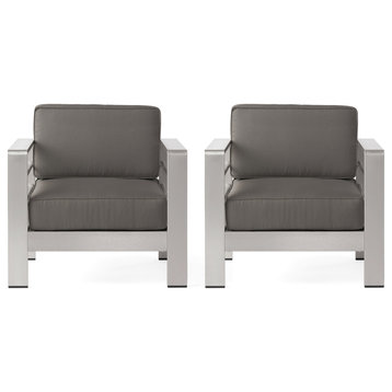 Crested Bay Outdoor Aluminum Club Chairs with Cushions, Silver + Gray, Fabric Cushion, Set of 2