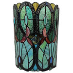 Amora - Tiffany Style 2 Light Vintage Wall Lamp, 14" Tall - This Tiffany style lamp is hand-crafted using the same techniques that were developed by Louis Comfort Tiffany in the early 20th century. Each piece of glass is hand cut to the perfect shape and size, wrapped in copper foil, and soldered together to create a truly unique piece of art. Made with 126 pieces of hand-cut stained glass and 5 jewels. Requires two 60W E26 medium base type A bulbs (Not Included). Our lamps are fully compatible with CFL and LED bulbs. Shade colors will appear darker and less vibrant when not illuminated. The handcrafted nature of this product creates variations in color, size and design. If buying two of the same item, slight differences should be expected. This stained-glass product has been protected with mineral oil as part of the finishing process. Please use a soft dry cloth to remove any excess oil.