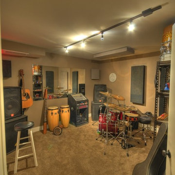 Contemporary-Rustic finished basement with reclaimed barn beams & wine room