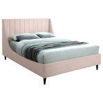 Meridian Furniture - Eva Velvet Upholstered Bed, Pink, King - Snuggle up to a pet or other loved one in this richly upholstered Eva pink velvet king size bed for the ultimate in rest and relaxation. The wing back headboard has cushioned vertical deep channel tufting, and both the side rails and footboard are upholstered too for your comfort. Tapered black wood legs match the upholstery and support this contemporary bed, elevating it sufficiently that you can store items underneath.
