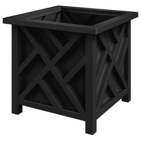 Lattice Design Planter Box 15.5" Square Decorative Outdoor Flower or Plant Pot, Black