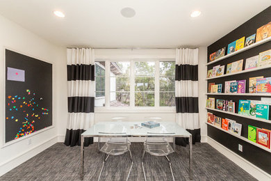 Inspiration for a transitional carpeted family room remodel in Austin