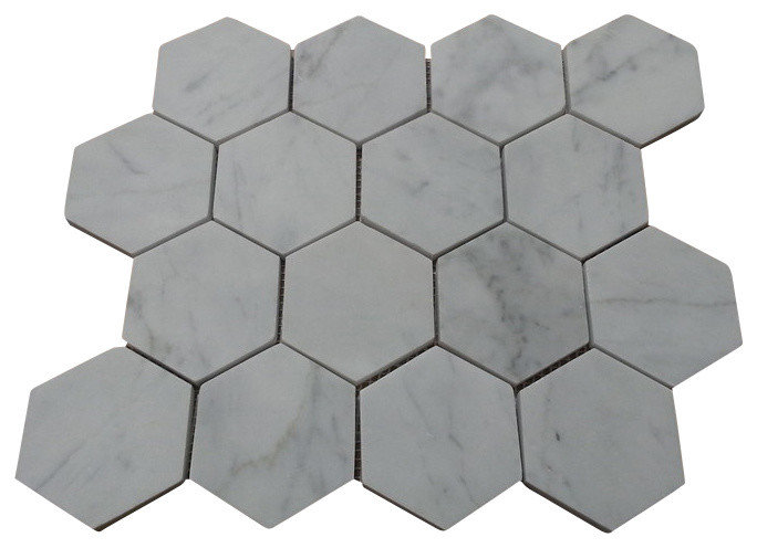 Carrara White Marble Honed Hexagon Mosaic Tile, 12"x12" Sheets, Set of 5