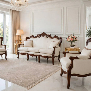 Hand Carved Solid Teak Wood Sofa Set | French Rococo Elegant Living Room