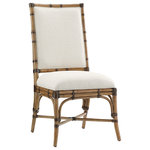 Tommy Bahama Home - Summer Isle Upholstered Side Chair - The leather-wrapped rattan frame dining chair features an upholstered seat and inside back with exposed rattan fretwork on its outside back. It is available as shown in standard fabric Sand Dollar, a contemporized herringbone pattern blending soft taupe and ivory tones with a slight texture and remarkably soft hand.