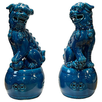 Pair Chinese Blue Color Glaze Ceramic Fengshui Foo Dog Figures Hws2722