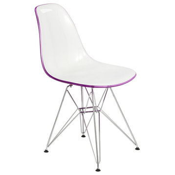 Cresco Acrylic Dining Side Chair with Eiffel Legs in Chrome, White/Purple