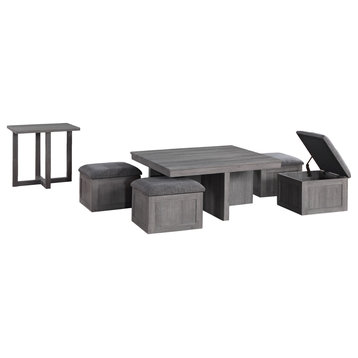 Moseberg Coffee Table with Storage Stools and End Table Set, Distressed Gray