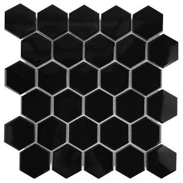 Gio Black Glossy 2" Hexagon Porcelain Mosaic Tile, 55 Sheets