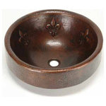 SoLuna - 17" Prescenio Copper Vessel Sink, Fleur de Lis, Cafe Natural - Copper is naturally antibacterial!  This 17" Prescenio Copper Vessel Sink - Fleur de Lis by SoLuna has a classic Fleur de Lis design suitable for both new baths and those special restoration projects. Prescenio Vessel Sinks are a hybrid of both the vessel and drop-in styles, or what we call a partially-recessed vessel sink. They feature a 3" high apron which rests above the counter or  mounting surface, while the bottom 4" of the sink basin is recessed into the surface. The Fleur de Lis Prescenio Vessel features six fleur de lis designs along the interior of the basin. It is crafted from lead-free, hand-hammered 16 gauge copper by 3rd generation coppersmiths. Our sinks are TIG Copper Welded.