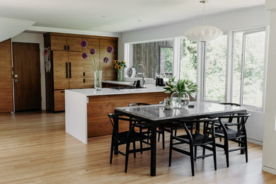 Great room - small modern light wood floor and beige floor great room idea in Portland with white walls