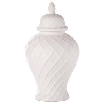 Ceramic Ginger Jar with Embossed Cross Lattice Pattern Matte Finish White, Large