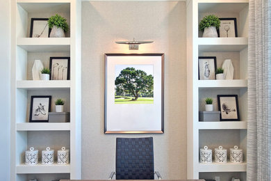 Study room - mid-sized modern freestanding desk wallpaper study room idea in Orlando with beige walls