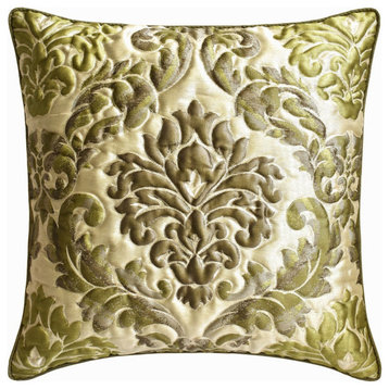 Green Silk Quilted 24"x24" Pillowcase Damask Garden