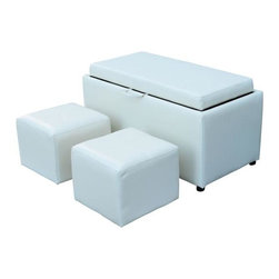 HomCom PU Leather Storage Bench Ottoman w/ 2 Footstools - Cream White - Accent And Storage Benches