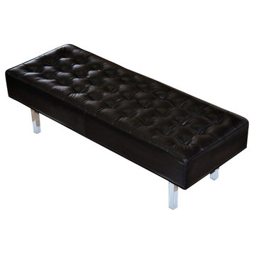 Contemporary Genuine Leather, Buttonless Tufted Bench With Chrome Leg, Black