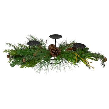 32" Brown and Green Artificial Pine Cone and Pine Needle Christmas Candle Holder
