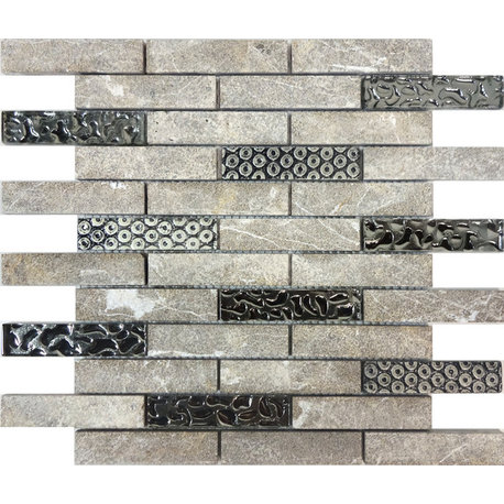 Gray Raw White Oak Stone Metallic Silver Mosaic Tile, 12"x13.75"